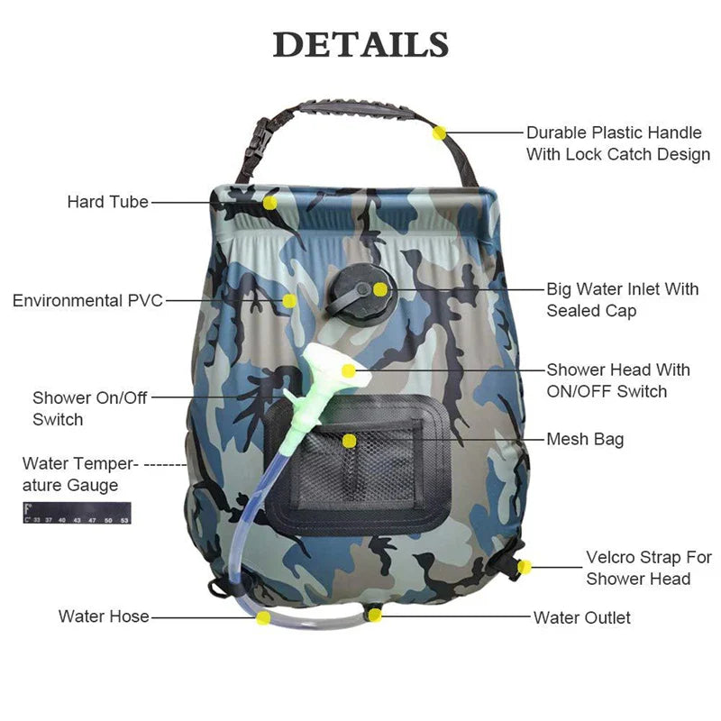 20L Portable Solar Camping Shower with Heating Pipe | Wholesale Outdoor Water Heater Bag | 48x47cm Camping Gear